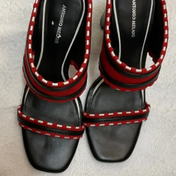 💐ANTONIO MELANI Red and Black Block Heel Sandals Size 8 - Picture 2 of 4
